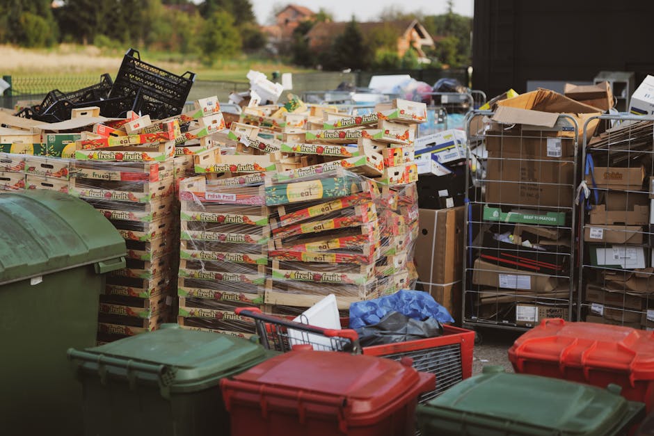 A large green rubbish skip filled with a mix of cardboard boxes, some flattened and others partially collapsed, along with white packaging and small debris. The skip's surface shows visible dirt and signs of use, with some faded white lettering on the side. Beside the skip, there is a wooden pallet leaning against it, and in the background, a green waste collection vehicle is partially visible, parked on a city street surrounded by buildings, trees, and parked cars. The scene appears to be an outdoor urban environment during daytime, likely associated with a waste or rubbish removal service for house clearance or commercial disposal, with natural daylight illuminating the scene and highlighting the textures of the materials involved.