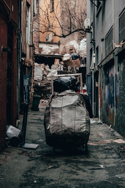 A narrow alleyway with uneven asphalt surface, cluttered with various discarded rubbish and debris, including a large black trash bag in the foreground, which appears to be full and secured with a drawstring. Behind it, there are multiple piles of waste materials such as cardboard boxes, plastic sacks, and miscellaneous trash, stacked against the back wall of the alley. The surrounding buildings are aged, with graffiti on the right wall and weathered brickwork on the left, suggesting a cluttered urban environment in need of waste clearance. Above, leafless tree branches extend over the alley, casting subtle shadows, while the natural lighting indicates a cloudy day. The scene gives an impression of a private or independent rubbish collection aiming to clear accumulated waste in a residential or backstreet area, fitting the context of alternative rubbish removal services provided by House Clearance Greenwich.